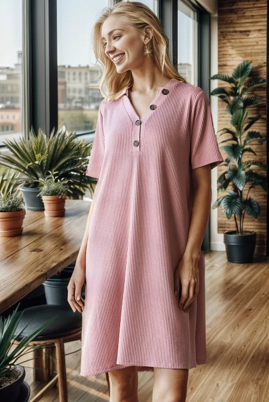 Full Size Solid Ribbed Mini Dress with Button Plus Size - Rose