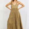 Full Size Spaghetti Strap Tiered Dress with Pockets in Khaki - Khaki
