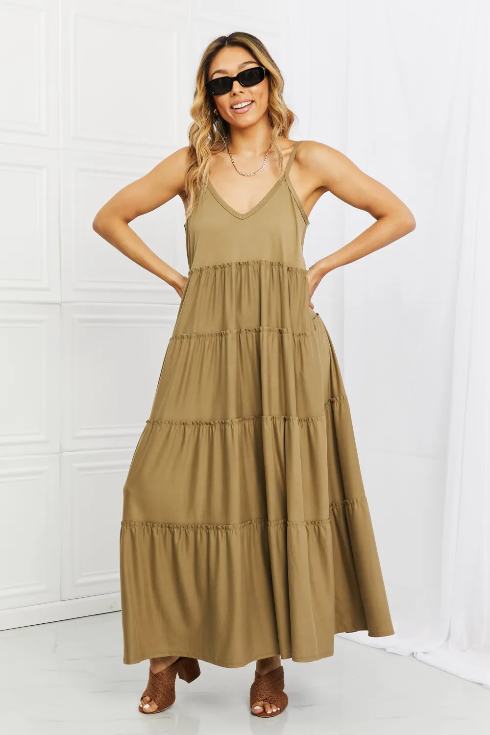 Full Size Spaghetti Strap Tiered Dress with Pockets in Khaki - Khaki