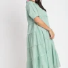 Full Size Stripe Tiered A-Line Midi Dress Plus Size -  Gum Leaf