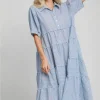 Full Size Stripe Tiered A-Line Midi Dress Plus Size - Light Blue