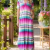 Full Size Striped Short Sleeve Maxi Tee Dress Plus Size - Pink Multi