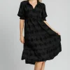 Full Size Swiss Dot Jacquard Tiered Midi Dress Plus Size - Black