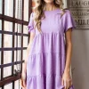 Full Size Swiss Dot Short Sleeve Tiered Dress - Lilac