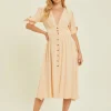 Full Size Textured Linen V-Neck Button-Down Midi Dress - Cream