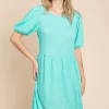 Full Size Textured Round Neck Puff Sleeve Dress - Mint