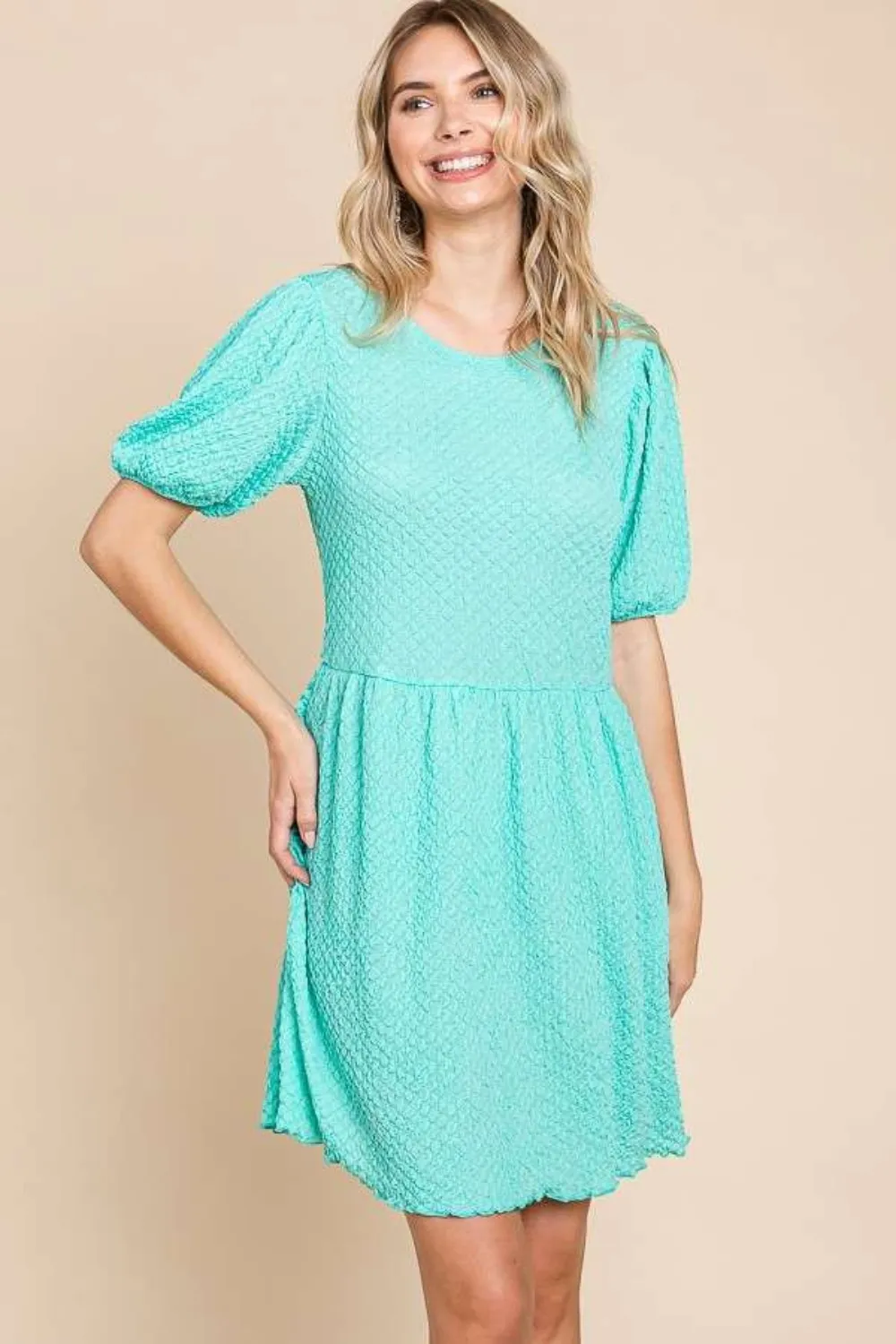 Full Size Textured Round Neck Puff Sleeve Dress - Mint