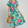 Full Size Tiered Floral Print Notched Puff Sleeve Midi Dress Plus Size - Azuremix