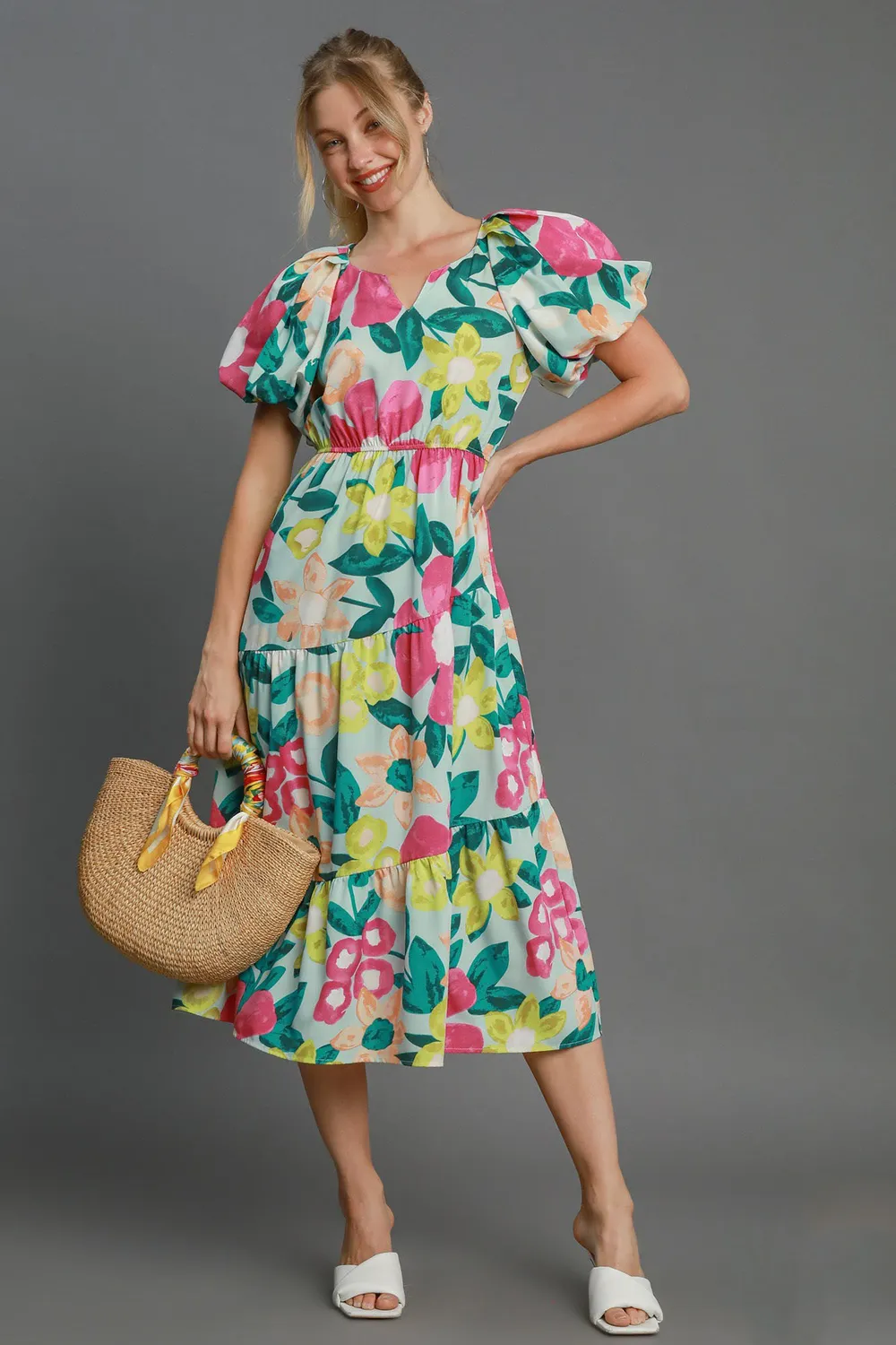 Full Size Tiered Floral Print Notched Puff Sleeve Midi Dress Plus Size - Mintmix