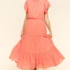 Full Size Tiered Frill Mock Neck Short Sleeve Dress -   Peach