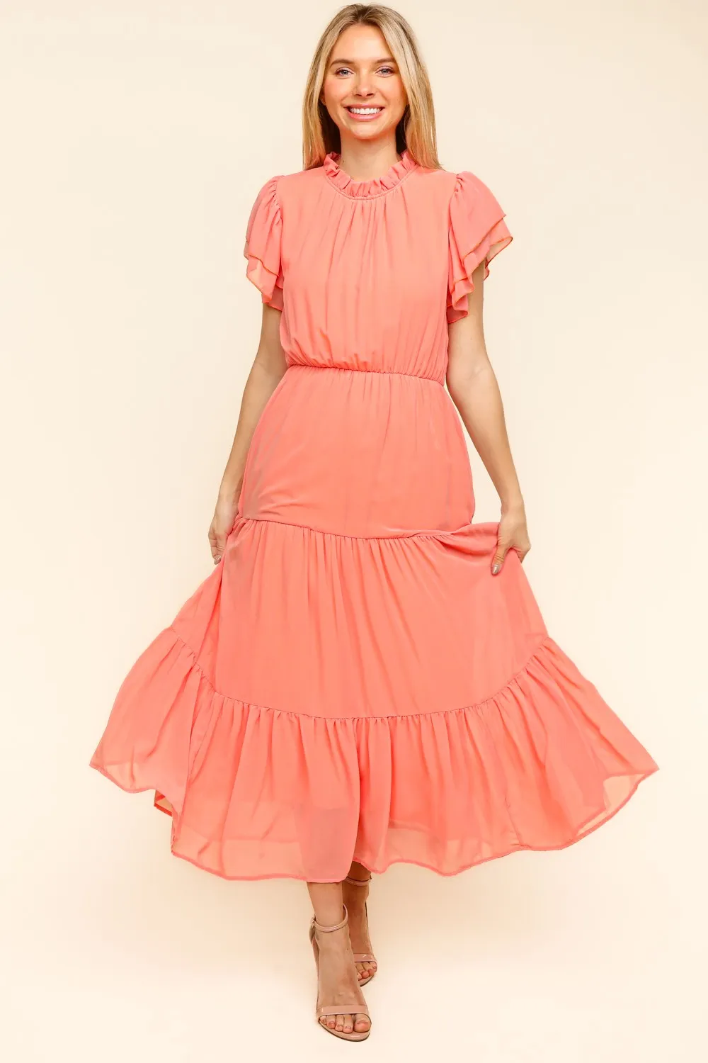 Full Size Tiered Frill Mock Neck Short Sleeve Dress -   Peach
