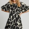 Full Size Two Tone Abstract Print Puff Sleeve Dress Plus Size - Black