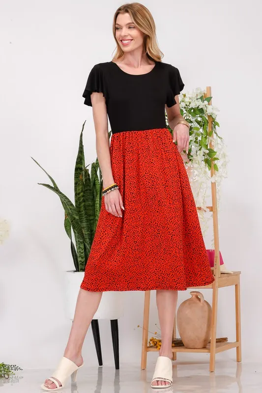 Full Size Two Tone Animal Print Flutter Sleeve Midi Dress Plus Size - Red