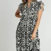 Full Size Two Tone Border Print Ruffle Cap Sleeve Midi Dress Plus Size - Black