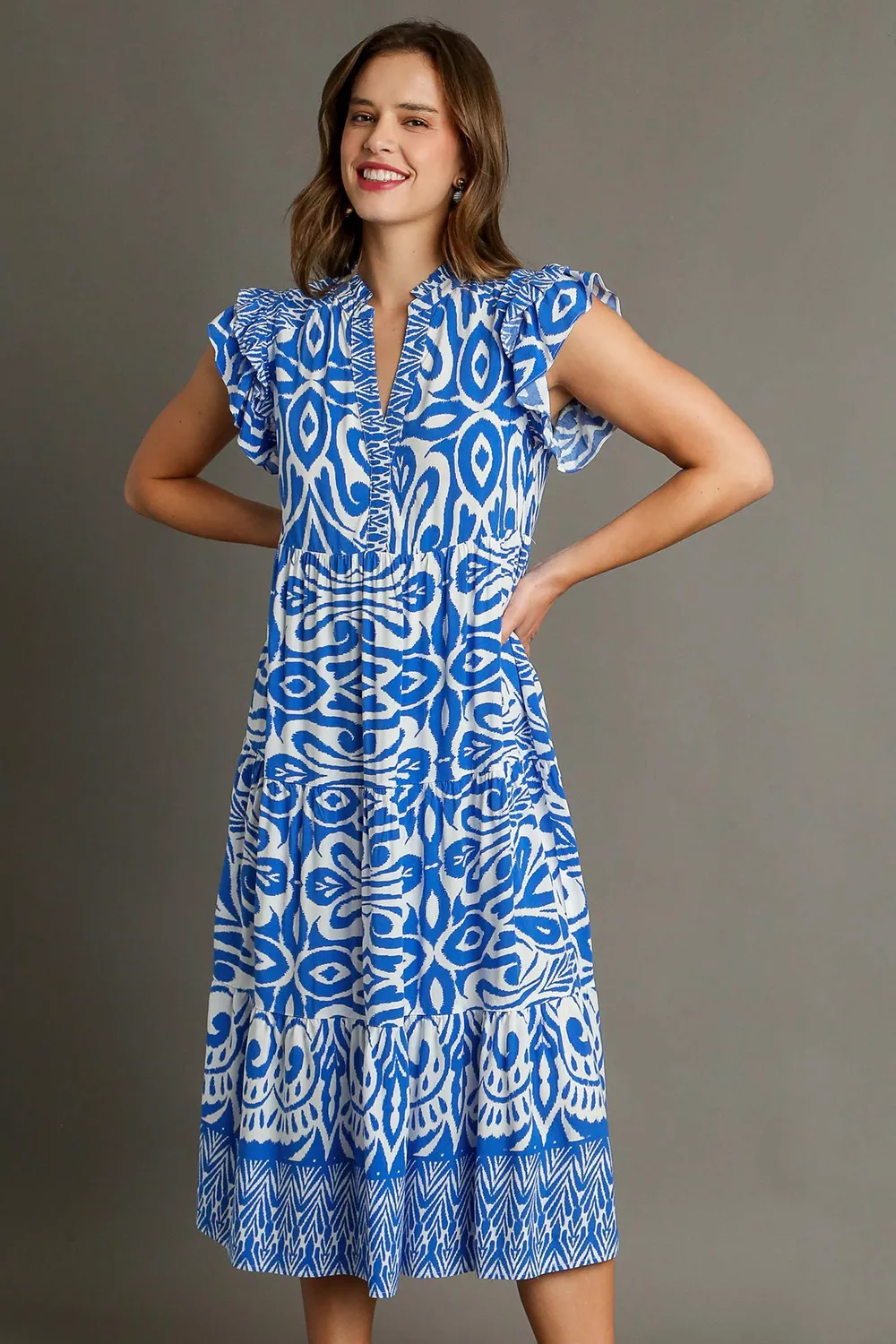 Full Size Two Tone Border Print Ruffle Cap Sleeve Midi Dress Plus Size - Blue
