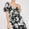 Full Size Two Tone Floral Print Babydoll Dress Plus Size - Black/White