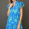 Full Size Two Tone Floral Print Ruffle Cap Sleeve Mini Dress Plus Size - Blue