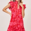 Full Size Two Tone Floral Print Ruffle Cap Sleeve Mini Dress Plus Size - Red