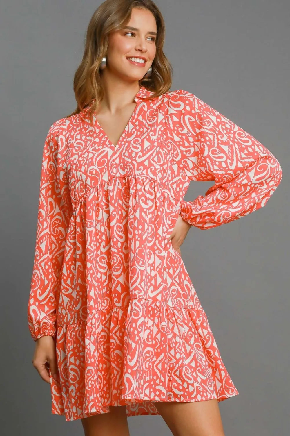 Full Size Two Tone Print Balloon Sleeve Tiered Dress Plus Size - Coral Mix