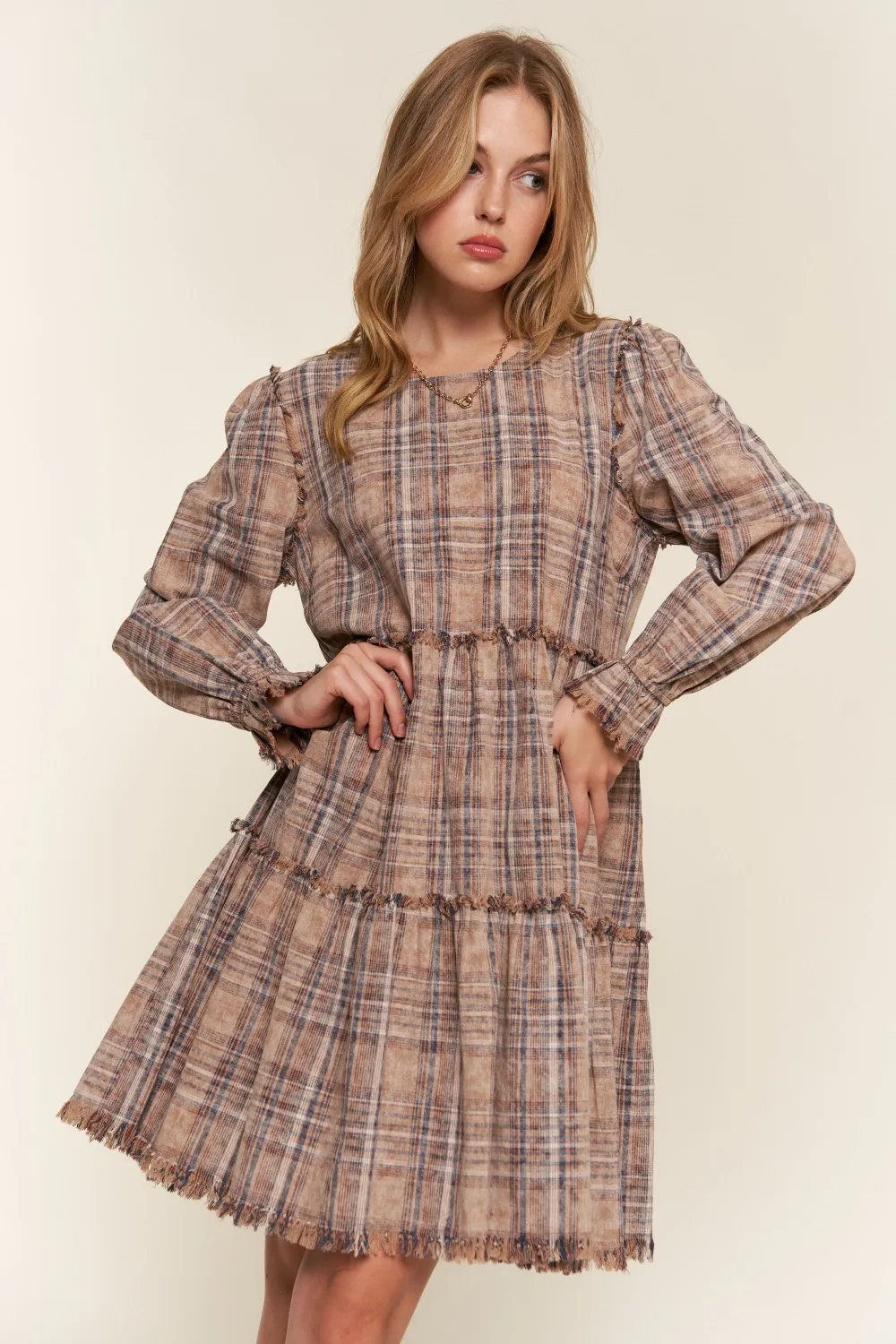 Full Size Washed Frayed Tiered Plaid Dress - Brown