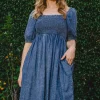 Full Size Washed Smocked Puff Sleeve Dress - Washed Denim