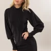 Glitter Mock Neck Long Sleeve Mini Dress - Black