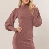 Glitter Mock Neck Long Sleeve Mini Dress - Rose
