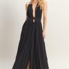 Halter Neck Fitted Waist Flowy Maxi Dress - Black