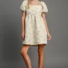 Heart Jacquard Square Neck Puff Sleeve Mini Dress - Cream