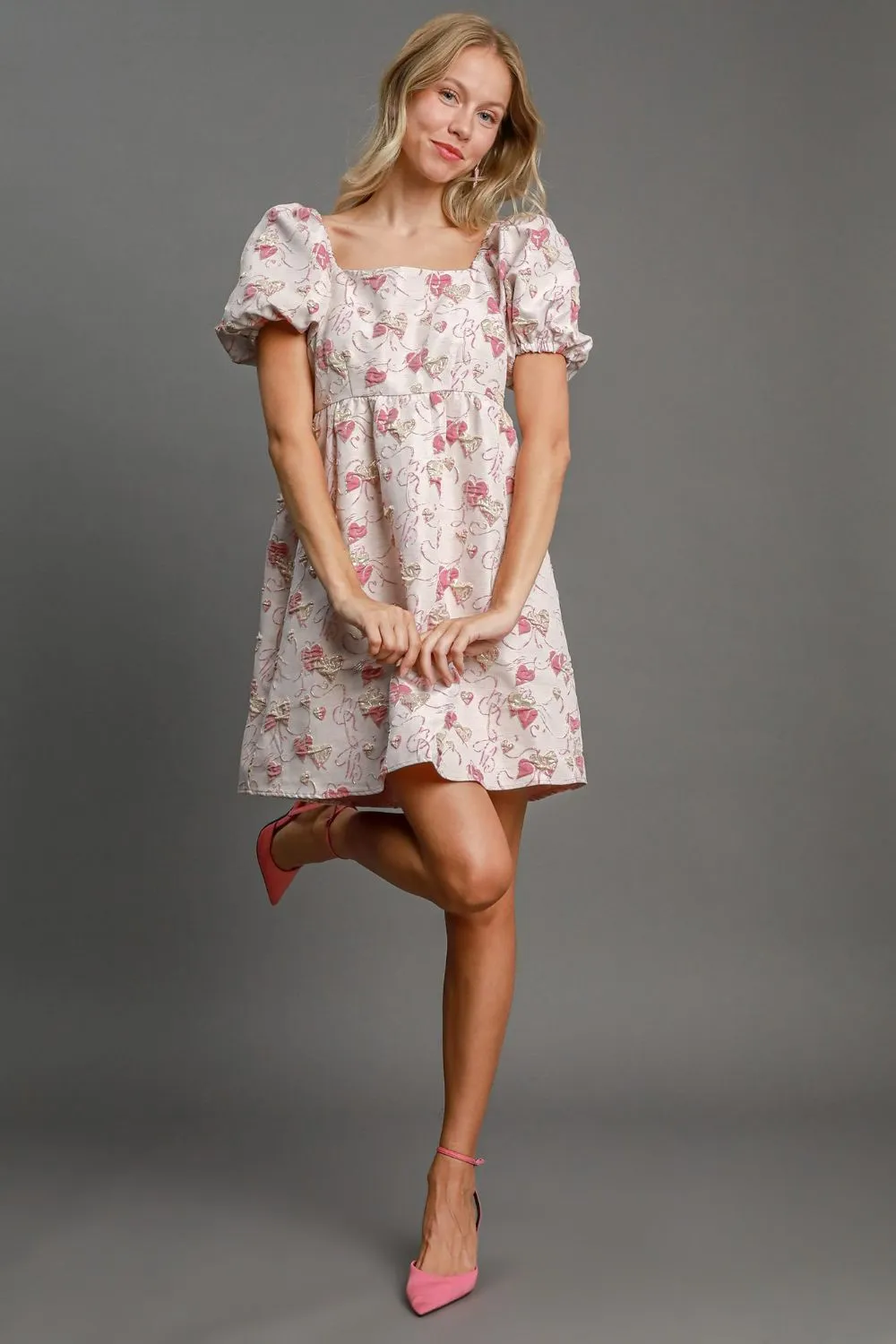 Heart-Jacquard-Square-Neck-Puff-Sleeve-Mini-Dress-Pink-1