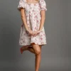 Heart Jacquard Square Neck Puff Sleeve Mini Dress - Pink