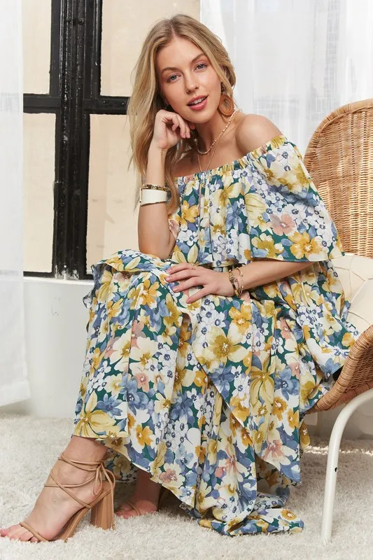 Layered-Floral-Off-Shoulder-Short-Sleeve-Maxi-Dress-Navy Layered Floral Off-Shoulder Short Sleeve Maxi Dress - Navy