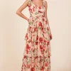 Layered Floral Sweetheart Neck Maxi Dress - Coral