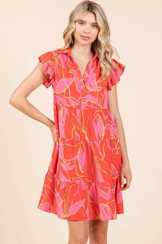 Leaf-Print-Ruffle-Sleeve-Tiered-Mini-Dress-Coral-2