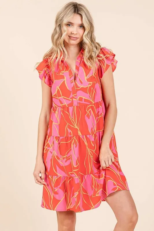 Leaf-Print-Ruffle-Sleeve-Tiered-Mini-Dress-Coral Leaf Print Ruffle Sleeve Tiered Mini Dress - Coral