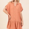 Linen Blend Button Down Shirt Mini Dress - Ginger