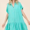 Linen Blend Button Down Shirt Mini Dress - Tiffany Blue