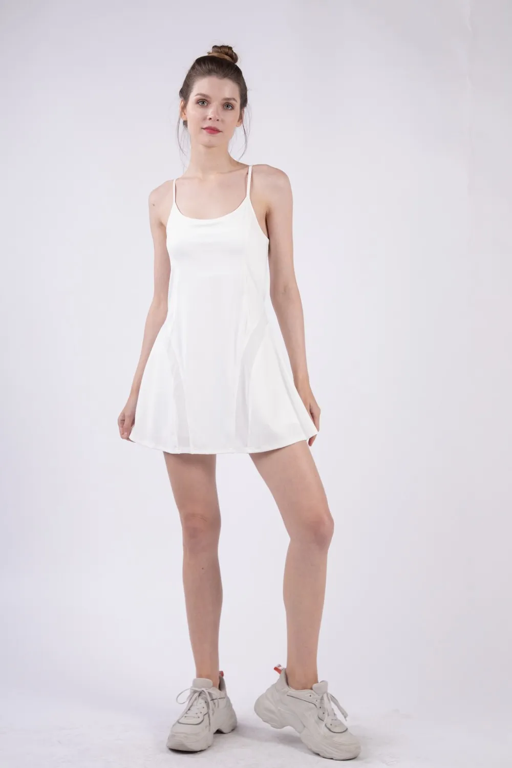 Mesh Detail Tennis Mini Active Dress with Shorts Inside -  White