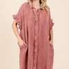 Mineral Wash Cotton Gauze Mini Shirt Dress - Rust