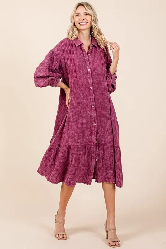 Mineral Wash Cotton Gauze Ruffle Midi Shirt Dress - Deep Purple