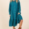 Mineral Wash Cotton Gauze Ruffle Midi Shirt Dress - Topaz Blue
