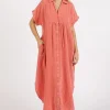 Mineral Wash V Neck Button Up Midi Shirt Dress - Burnt Coral