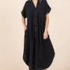 Mineral Wash V Neck Button Up Midi Shirt Dress - Charcoal