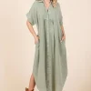 Mineral Wash V Neck Button Up Midi Shirt Dress - Sage