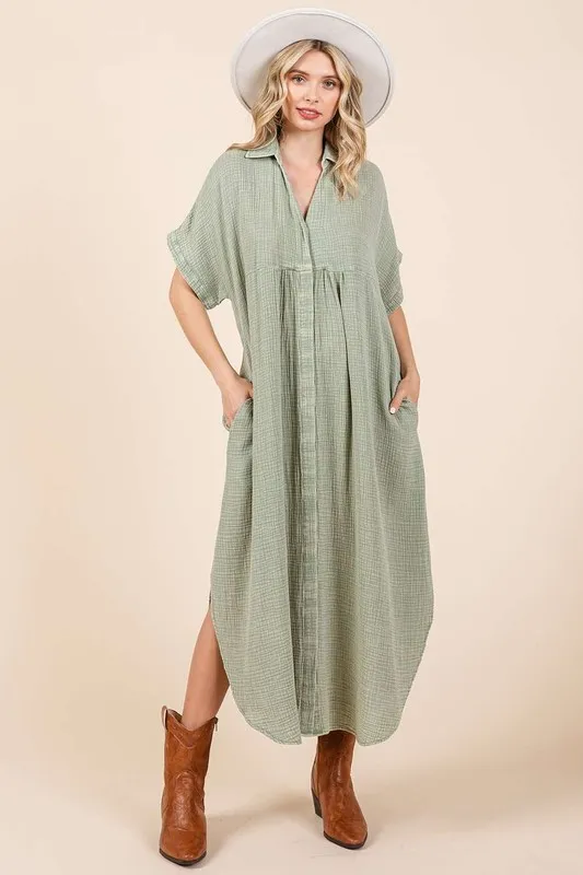 Mineral-Wash-V-Neck-Button-Up-Midi-Shirt-Dress-Sage Mineral Wash V Neck Button Up Midi Shirt Dress - Sage