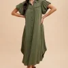 Mineral Washed Button Down Puff Sleeve Shirt Dress - Army Green