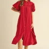 Mineral Washed Button Down Puff Sleeve Shirt Dress - Deep Red