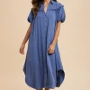 Mineral Washed Button Down Puff Sleeve Shirt Dress -  Peacock  Blue