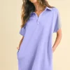 Mineral Washed Johnny Collar Short Sleeve Dress - Blue Purple