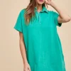 Mineral Washed Johnny Collar Short Sleeve Dress - Turquoise